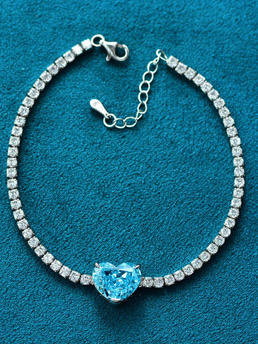 Sea blue [b 1944] 925 Sterling Silver High Carbon Diamond Heart Dainty Bracelet